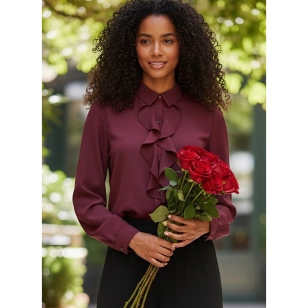 Chico's Burgundy Ruffle Front Long Sleeve Blouse Size 4 Small Red Dark Romantic.